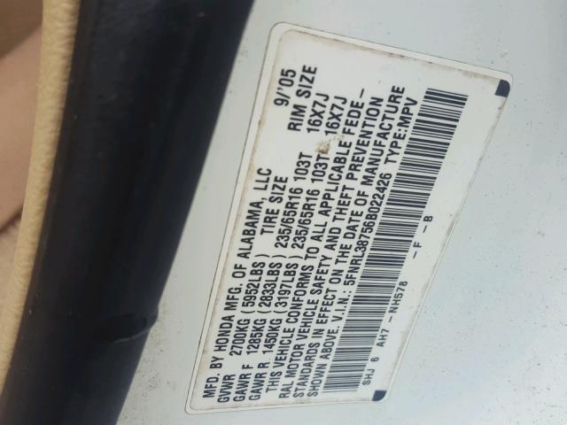 5FNRL38756B022426 - 2006 HONDA ODYSSEY WHITE photo 10