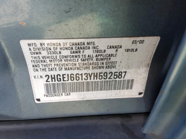 2HGEJ6613YH592587 - 2000 HONDA CIVIC BASE BLUE photo 10