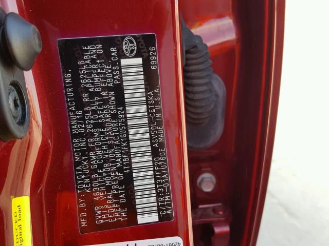 4T1BF1FK1GU575924 - 2016 TOYOTA CAMRY LE წითელი ფოტო 10