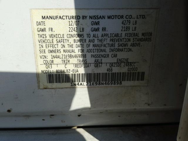 1N4AL21E98N469898 - 2008 NISSAN ALTIMA WHITE photo 10