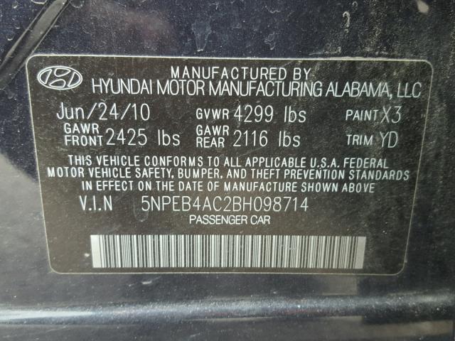 5NPEB4AC2BH098714 - 2011 HYUNDAI SONATA GLS BLACK photo 10