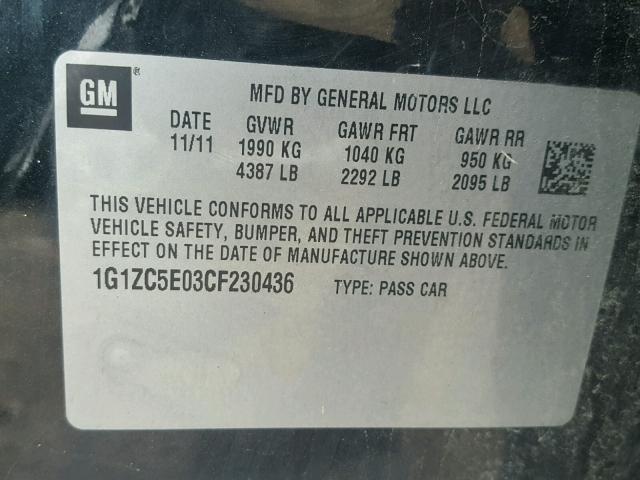 1G1ZC5E03CF230436 - 2012 CHEVROLET MALIBU 1LT BLACK photo 10