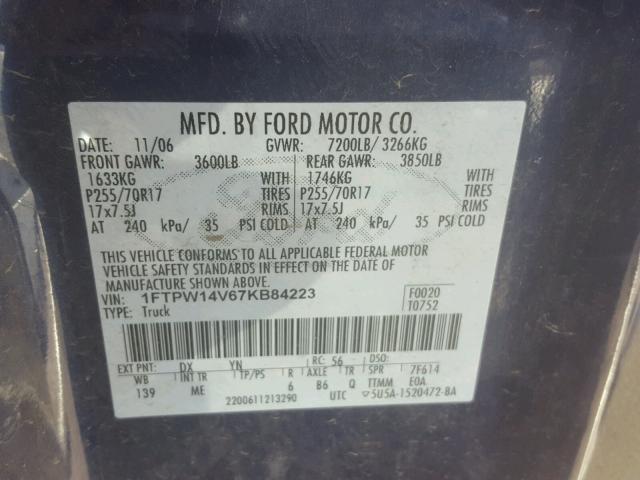 1FTPW14V67KB84223 - 2007 FORD F150 BLUE photo 10