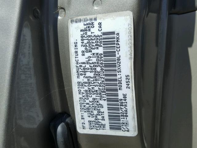 4T1BG22K21U050399 - 2001 TOYOTA CAMRY CE BROWN photo 10