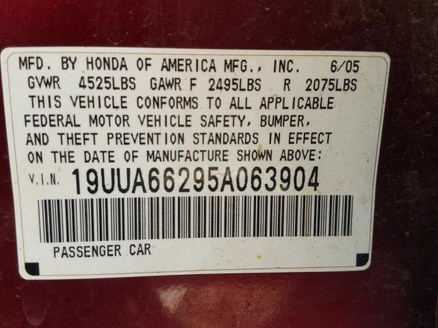 19UUA66295A063904 - 2005 ACURA TL RED photo 10