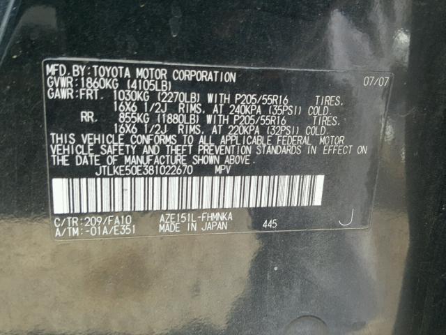 JTLKE50E381022670 - 2008 TOYOTA SCION XB Negro foto 10