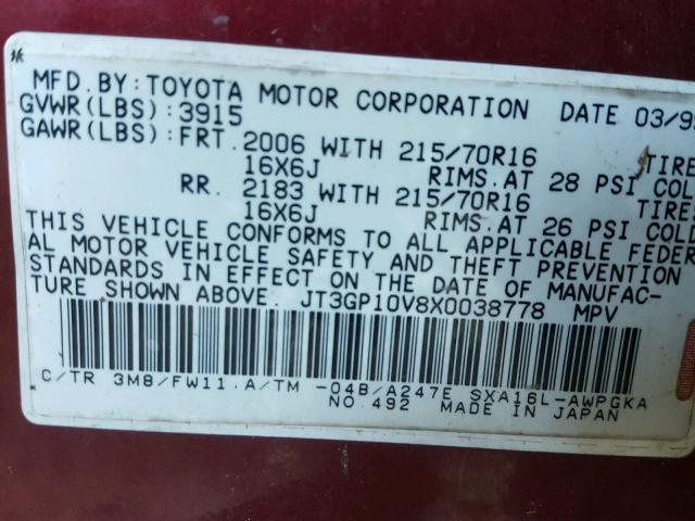 JT3GP10V8X0038778 - 1999 TOYOTA RAV4 MAROON photo 10