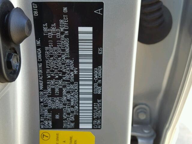 2T2GK31U58C043693 - 2008 LEXUS RX 350 SILVER photo 10