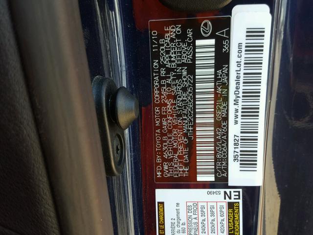 JTHFE2C25B2505722 - 2011 LEXUS IS 350 BLUE photo 10