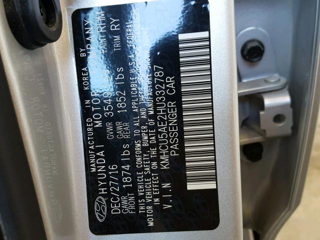 KMHCU5AE2HU332787 - 2017 HYUNDAI ACCENT SPO SILVER photo 10