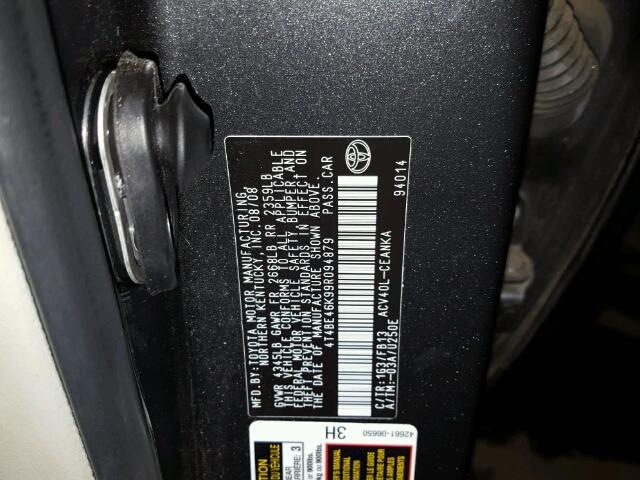 4T4BE46K99R094879 - 2009 TOYOTA CAMRY GRAY photo 10