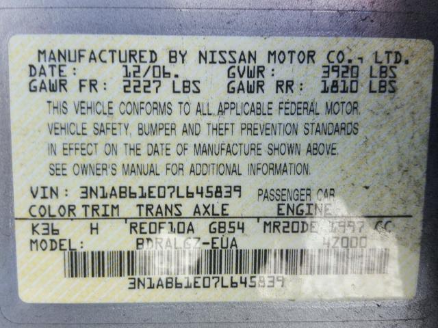 3N1AB61E07L645839 - 2007 NISSAN SENTRA 2.0 GRAY photo 10