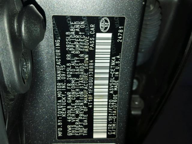 4T1BF1FK0GU138884 - 2016 TOYOTA CAMRY LE 灰色 照片 10