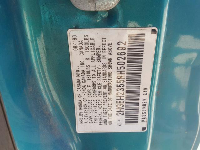 2HGEH2355RH502692 - 1994 HONDA CIVIC CX GREEN photo 10