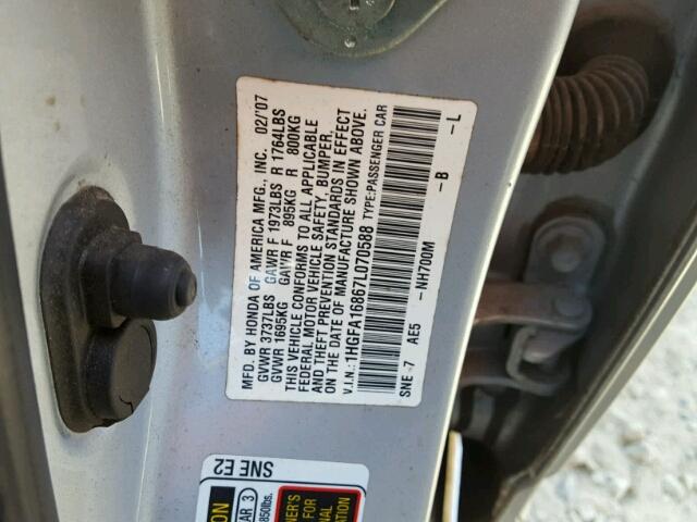 1HGFA16867L070588 - 2007 HONDA CIVIC EX 银色 照片 10