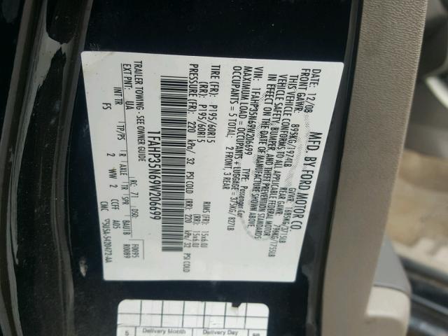 1FAHP35N69W206699 - 2009 FORD FOCUS SE BLACK photo 10