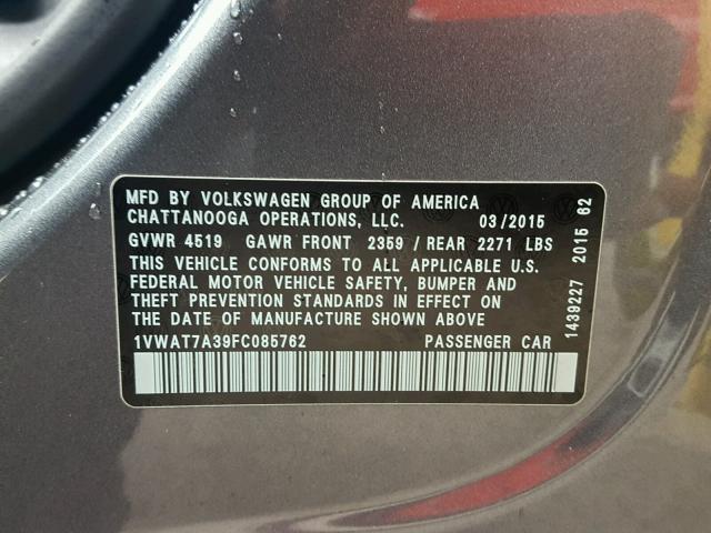 1VWAT7A39FC085762 - 2015 VOLKSWAGEN PASSAT S გრაფიტი ფოტო 10