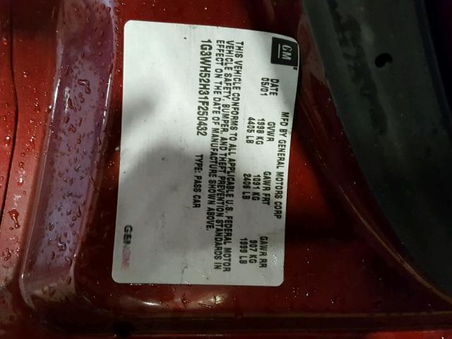 1G3WH52H31F250432 - 2001 OLDSMOBILE INTRIGUE G BURGUNDY photo 10