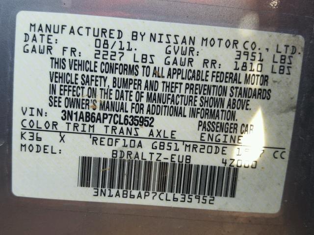 3N1AB6AP7CL635952 - 2012 NISSAN SENTRA SILVER photo 10