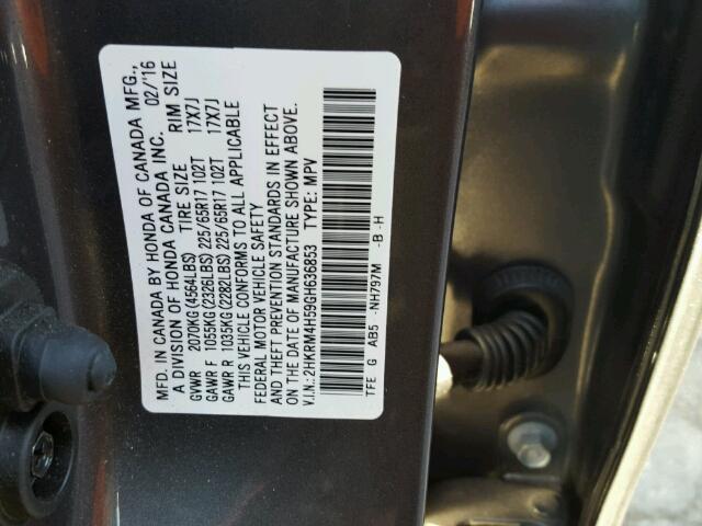 2HKRM4H59GH636853 - 2016 HONDA CR-V EX GRAY photo 10