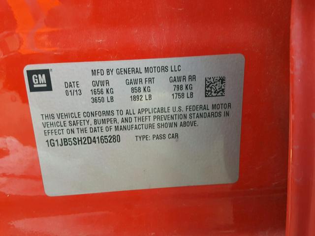 1G1JB5SH2D4165280 - 2013 CHEVROLET SONIC LS RED photo 10