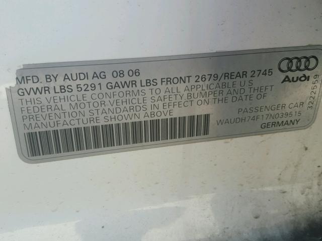 WAUDH74F17N039515 - 2007 AUDI A6 3.2 QUA WHITE photo 10