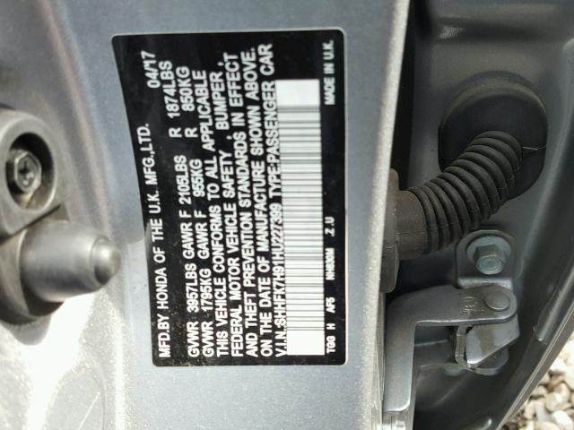 SHHFK7H91HU227399 - 2017 HONDA CIVIC SPOR GRAY photo 10