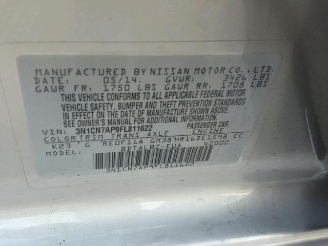 3N1CN7AP9FL811622 - 2015 NISSAN VERSA S SILVER photo 10