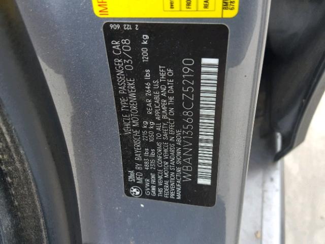 WBANV13568CZ52190 - 2008 BMW 528 XI GRAY photo 10