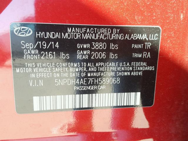 5NPDH4AE7FH589068 - 2015 HYUNDAI ELANTRA SE MAROON photo 10