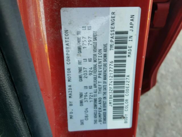 JM1BK32F741217776 - 2004 MAZDA 3 I RED photo 10