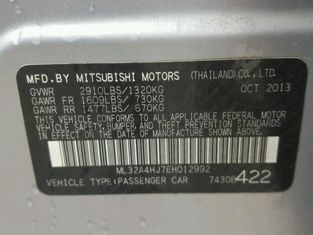 ML32A4HJ7EH012992 - 2014 MITSUBISHI MIRAGE ES SILVER photo 10