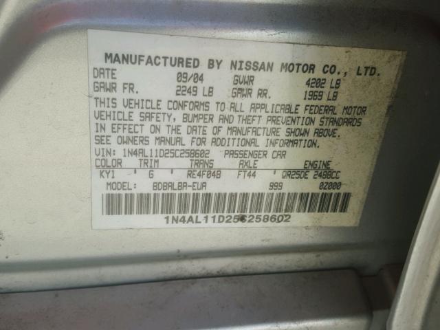 1N4AL11D25C258602 - 2005 NISSAN ALTIMA S SILVER photo 10