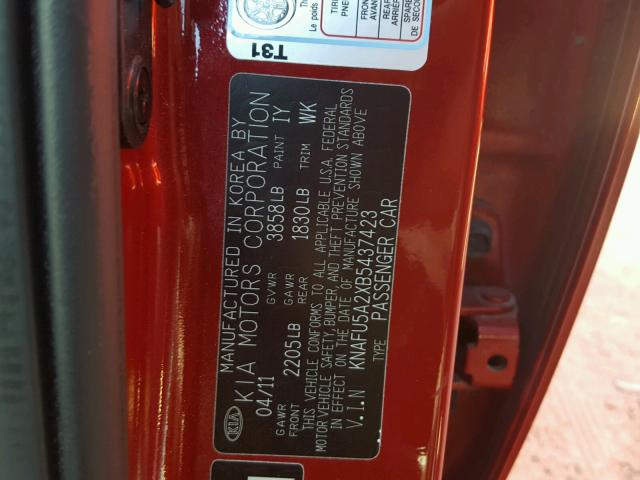 KNAFU5A2XB5437423 - 2011 KIA FORTE EX RED photo 10