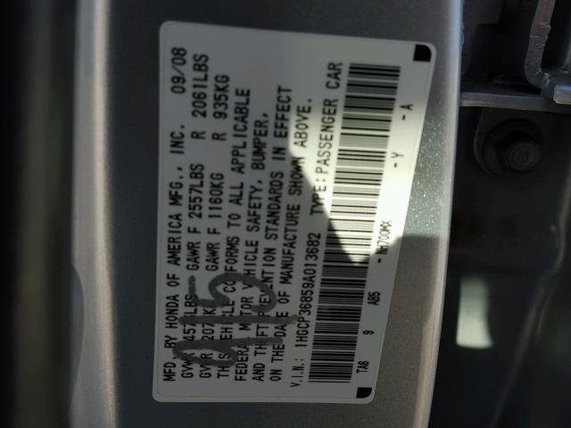 1HGCP36859A013682 - 2009 HONDA ACCORD EXL SILVER photo 10