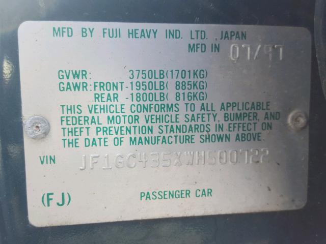 JF1GC435XWH500722 - 1998 SUBARU IMPREZA L GREEN photo 10