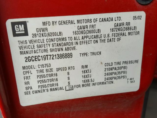 2GCEC19T721386889 - 2002 CHEVROLET SILVERADO RED photo 10