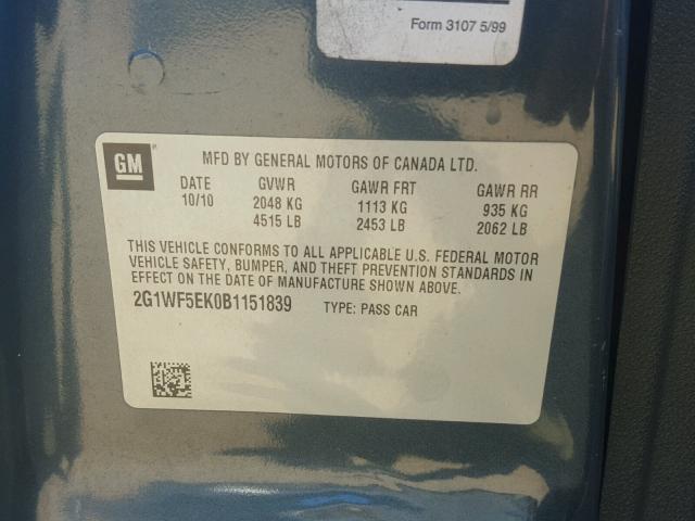 2G1WF5EK0B1151839 - 2011 CHEVROLET IMPALA GRAY photo 10