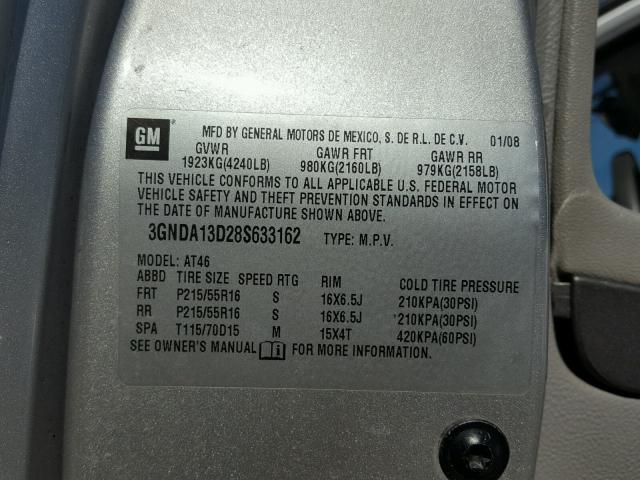 3GNDA13D28S633162 - 2008 CHEVROLET HHR LS ვერცხლისფერი ფოტო 10