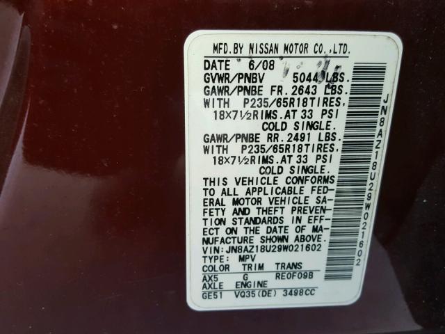 JN8AZ18U29W021602 - 2009 NISSAN MURANO MAROON photo 10