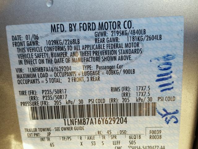 1LNFM87A16Y629204 - 2006 LINCOLN LS SILVER photo 10