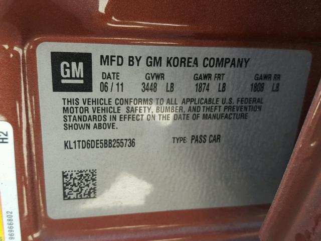 KL1TD6DE5BB255736 - 2011 CHEVROLET AVEO LS BROWN photo 10