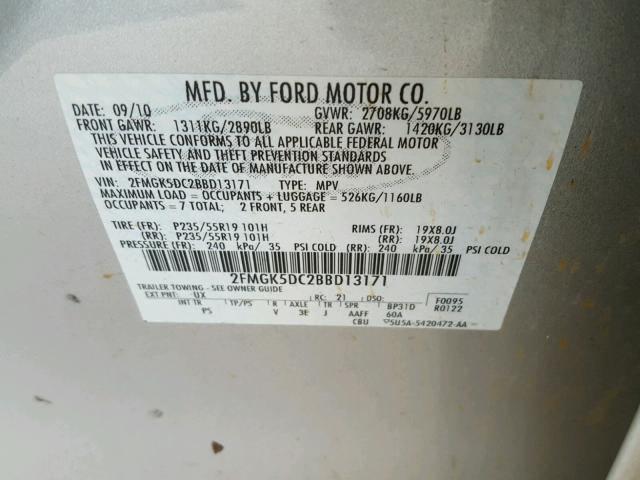 2FMGK5DC2BBD13171 - 2011 FORD FLEX LIMIT SILVER photo 10