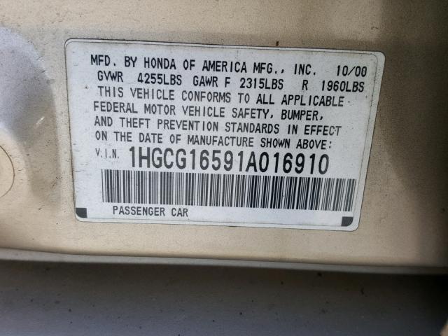 1HGCG16591A016910 - 2001 HONDA ACCORD GOLD photo 10