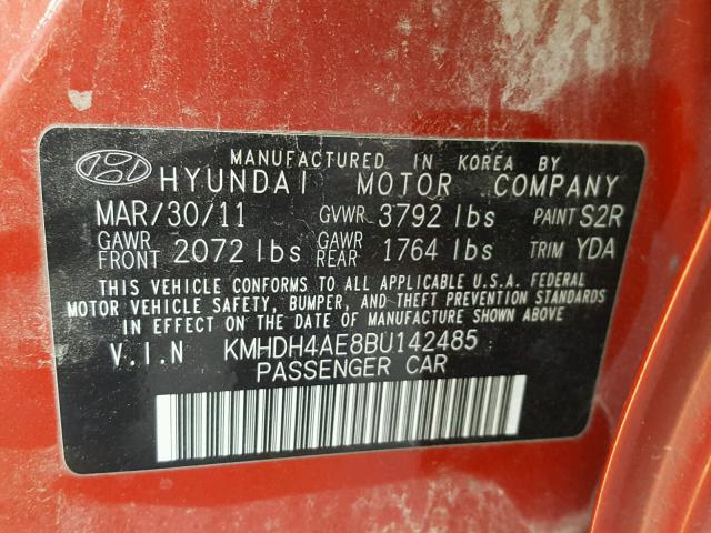 KMHDH4AE8BU142485 - 2011 HYUNDAI ELANTRA GL RED photo 10