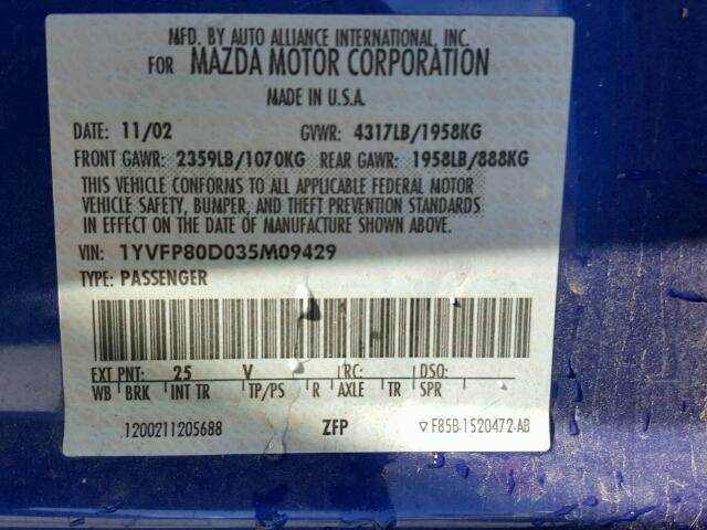 1YVFP80D035M09429 - 2003 MAZDA 6 BLUE photo 10