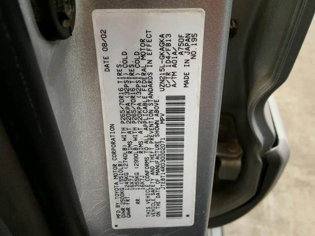 JTEBT14R030002071 - 2003 TOYOTA 4RUNNER SR SILVER photo 10