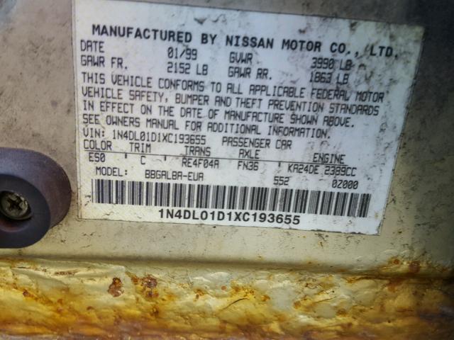 1N4DL01D1XC193655 - 1999 NISSAN ALTIMA TAN photo 10