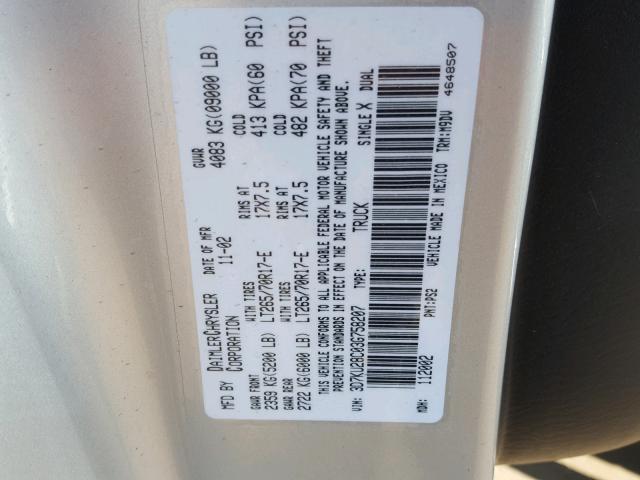 3D7KU28C03G758207 - 2003 DODGE RAM 2500 S SILVER photo 10