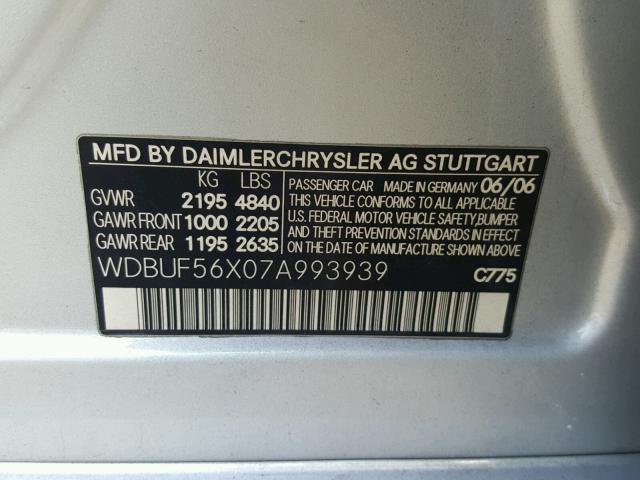 WDBUF56X07A993939 - 2007 MERCEDES-BENZ E 350 SILVER photo 10